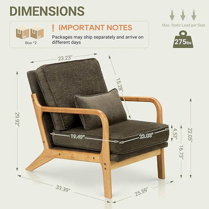 Modern Accent Chair Set of 2 with Lumbar Pillow, Relaxing Mid Century Chair Armchair with Solid Wood Frame & Soft Cushion, Reading Leisure Armchair for Living Room, Green