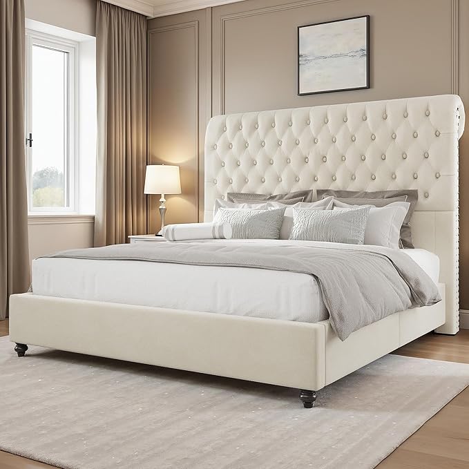 Jocisland Queen Bed Frame with Headboard, Velvet Sleigh Bed with Button Tufted 52.8" Tall Upholstered Headboard, No Box Spring Needed, Easy Assembly, Cream