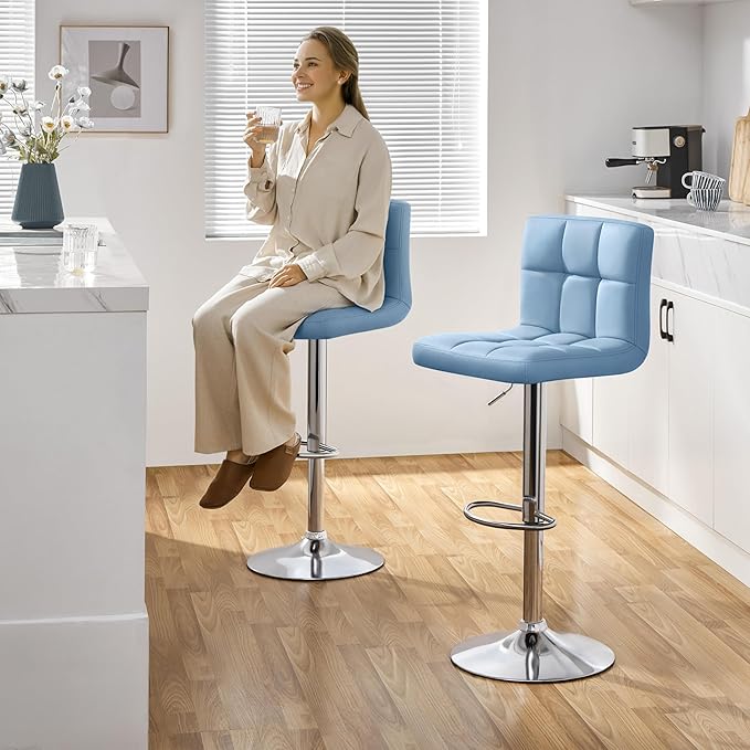 Yaheetech Bar Stools Set of 4, Adjustable PU Leather Swivel Barstools, Modern Counter Stools with Back and Footrest, Counter Height Barstools for Bar, Kitchen, Dining Room, Blue