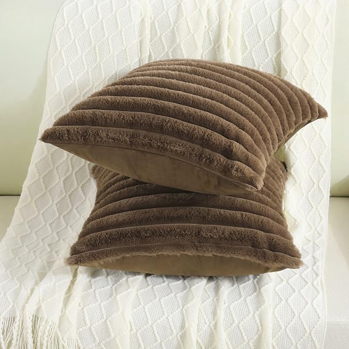 FUTEI Tan Striped Decorative Throw Pillow Covers 16x16 Inch Set of 2,Square Fall Decorations Couch Pillow Case,Soft Cozy Faux Rabbit Fur & Velvet Back,Modern Home Decor for Bed