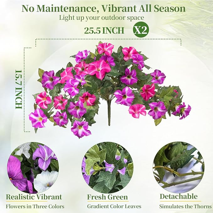 Artificial Fake Flowers Plants for Spring Summer Decoration,2 Pcs No Fade Faux Petunias,UV Resistant Realistic Silk Flowers,for Home Garden Balcony Yard Porch Deco (Fuchsia)