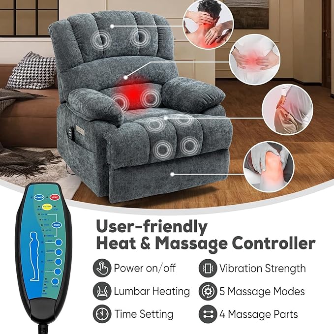 Power Lift Chair with Massage Lumbar Heating, Large Recliner Chair for Adult, 23" Wide Seat Big and Tall Recliner Sofa with Remote Control, Standing Assistance, Cup Holders, Blue Grey