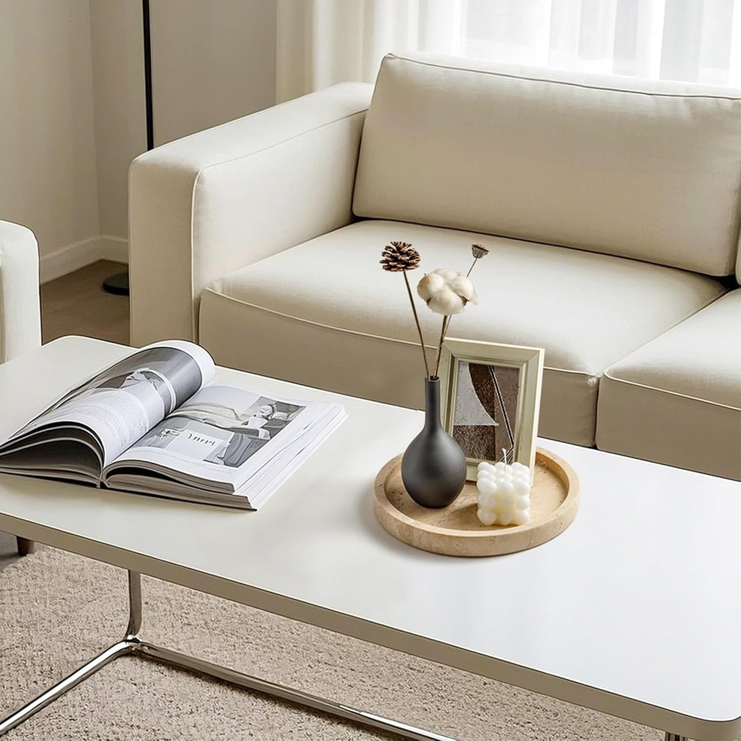 WORHE Natural Marble Vanity Tray for Bathroom Kitchen Dresser, Travertine Stone Decorative Trays for Jewelry, Perfume, Cosmetic, Candle, Round Countertop Storage Organizer for Home Decor Beige (WH019)