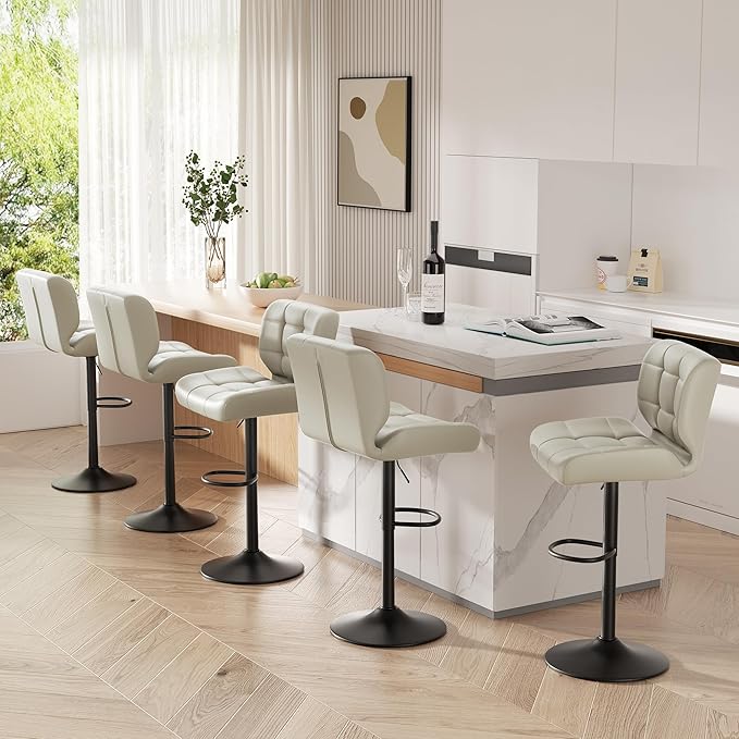 Modern Bar Stools, Faux Leather Upholstered Swivel Bar Stools, Adjustable Counter Height Bar Chairs with High Back and Footrest for Kitchen Island (Khaki)