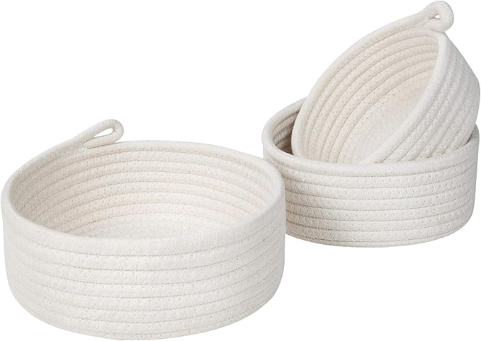 MINTWOOD Design Set of 3 Cotton Rope Nesting Bowls, Small Catch All Basket, Cute Closet Baskets and Bins for Shelves, Mini Table Basket Organizer for Small Accessories