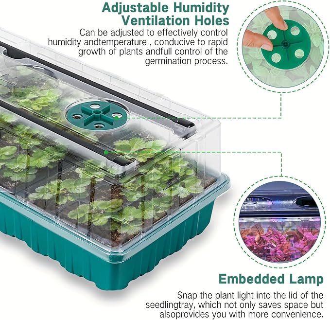 Seed Starter Tray with Grow Light, 2 Pack 72 Cells Seed Starter Kit with Humidity Dome, Indoor Seedling Starter Tray, Adjustable Brightness Plant Germination Trays