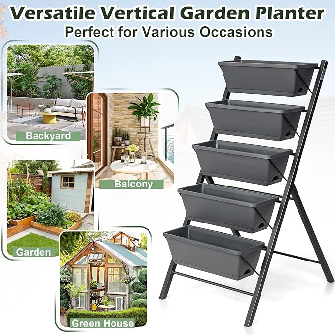 COSTWAY Vertical Raised Garden Bed, 5 Tier Planter Box with Drainage Holes for Vegetables, Grass, Flowers, Freestanding Garden Planter Indoor Outdoor, Patio, Balcony, Greenhouse