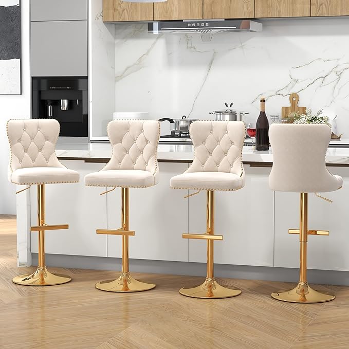 Bar Stools Set of 4, Velvet Swivel Counter Height Stools with Tufted Back, Adjustable Seat with Nailheads Trim, Upholstered Bar Chairs with Gold Base for Kitchen Island, Pub, Beige