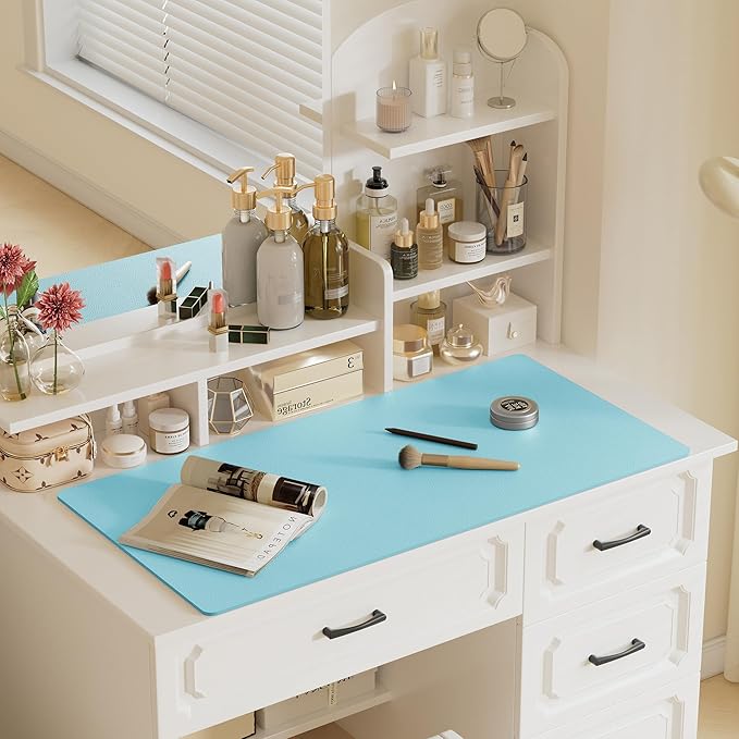 Aothia Faux Leather Desk Mat – Large Mouse Pad, Non-Slip PU Leather Blotter, Waterproof Writing Surface for Office and Home (Blue Topaz, 47.2" x 23.6")