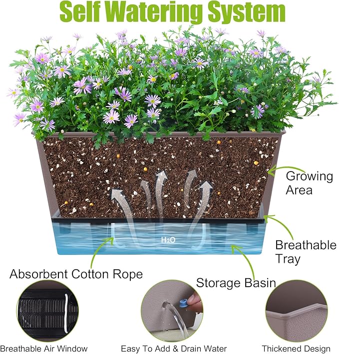 Window Box Planter 6 Pcs, 12.6 Inches Self Watering Rectangle Flower Plant Pots with Drainage Holes & Breathable Trays, Vegetable Planters for Windowsill Patio Garden Balcony Porch Yard (Khaki)