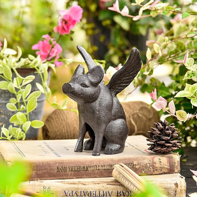 Sungmor Cast Iron Flying Pig Statue, Whimsical Sitting Pig Garden Decorative Statue, Rustic Black Brown Home Office Desk Paperweight Doorstop, Cute Collectible Figurine Bookshelf Ornament