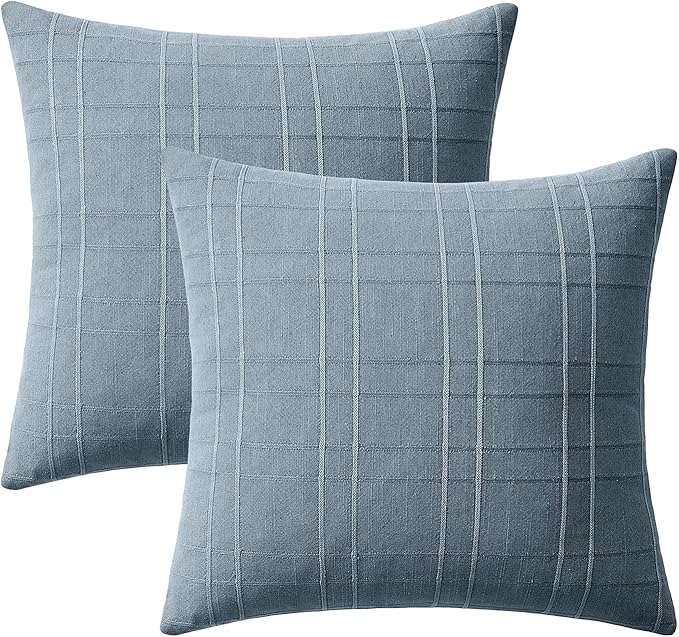 MIULEE Decorative Linen Check Throw Pillow Covers Neutral Farmhouse Vintage Pillow Covers 18x18 Set of 2 Boho Modern Home Decor for Sofa Couch Bedroom Cushion Blue Grey