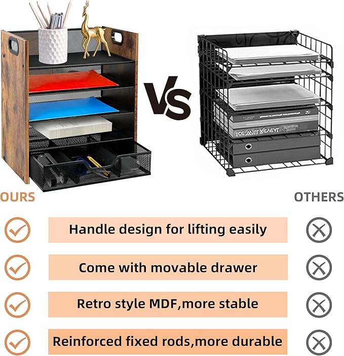 Wood Desk Organizer - 5-Tier Desktop File Organizer with Drawer, Wooden Paper Tray, Office Desk Organzier and Accessories for Papers, Mail, Notebooks, Stationery
