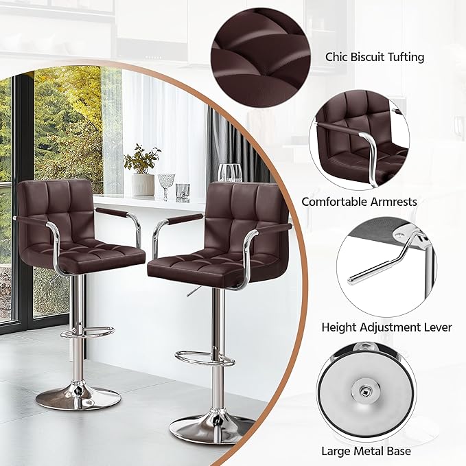 Yaheetech Bart Stools Set of 4, PU Leather Adjustable Barstools with Armrest, Counter Height Stool Chairs with Thickened Seat Cushion for Kitchen Island, Brown