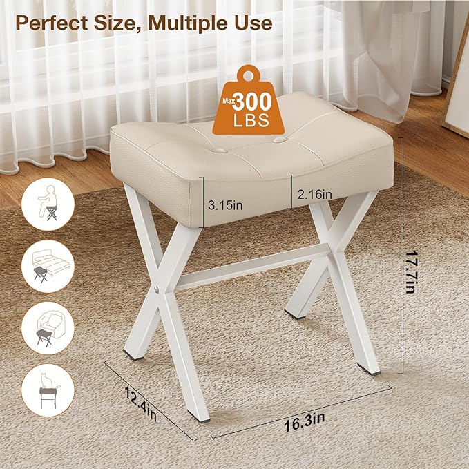 18-Inch Leather Vanity Stool Chair, Vanity Bench with Metal X-Leg, Ottoman Accent Stool with Thick Padded Saddle Seat, Beige