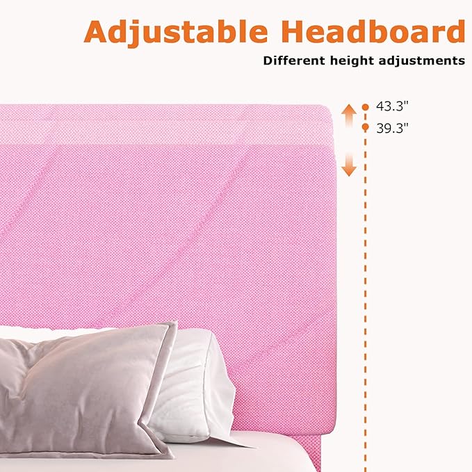 HOMBCK Queen Bed Frame with Adjustable Headboard, Queen Size Bed Frame with Linen Fabric Upholstered and Wooden Slats Support, No Box Spring Needed, Noise-Free, Easy Assembly, Pink