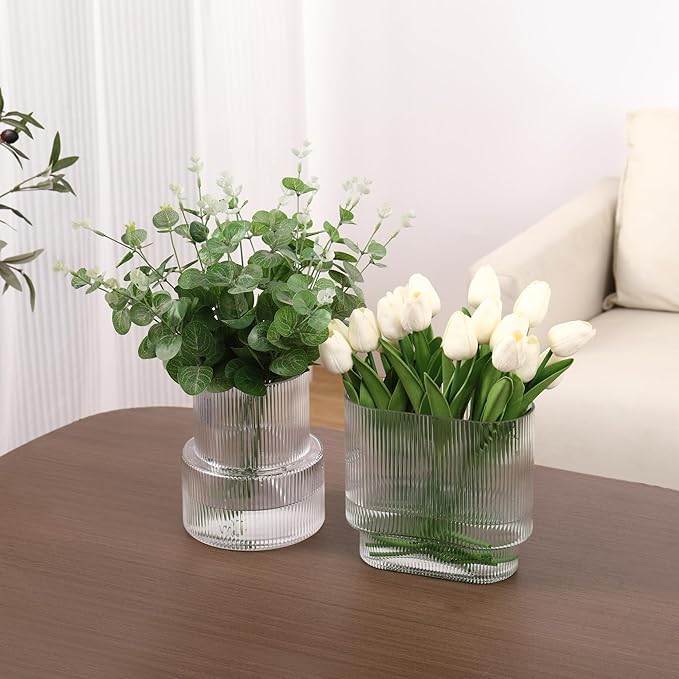 Ribbed Glass Vases, Set of 2 Fluted Vases for Flowers, Clear Vase for Tulips, Modern Glass Vase for Living Room, Dining Table, Office, Entryway, Mantle, Bookshelf, Wedding Gifts