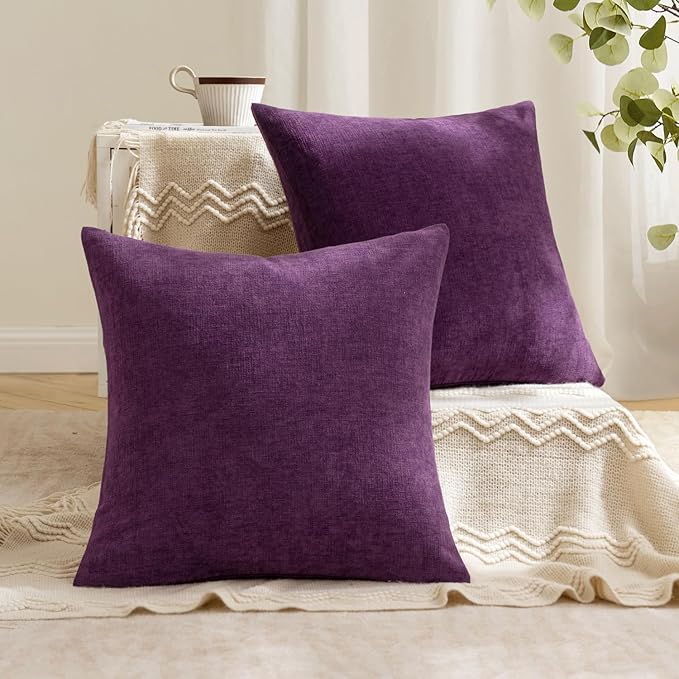 MIULEE Plum Purple Couch Pillow Covers 18x18 Inch, Set of 2 Soft Chenille Decorative Square Throw Pillow Covers Farmhouse for Sofa Living Room Bed