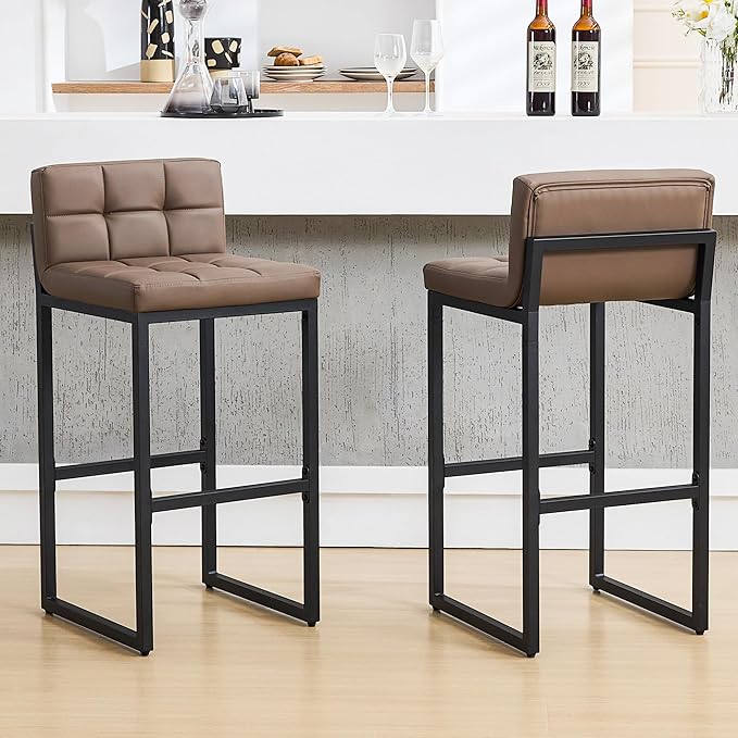 Set of 2 Barstools, Counter Height Bar Stools with Back, Faux Leather, Thickened Metal Legs, 30-inch Island Chairs for Kitchen Island, Bar, Counter (Coffee Brown, 2Pcs 30" Bar Stools)