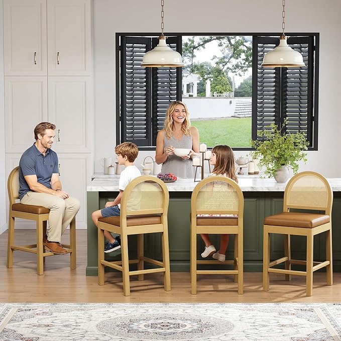 STHOUYN Upholstered Rattan Bar Stools Set of 4, Wooden Counter Height Bar Stools with Natural Rattan Woven Back and Faux Leather Seat, Mid-Century Modern Island Chairs Barstools for Kitchen (4, Brown)