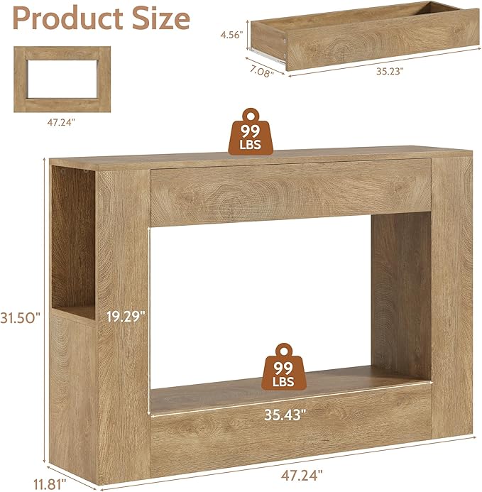 Farmhouse Console Table with Drawer, 47'' Wood Entryway Table with Storage Shelves, Narrow Sofa Table Behind Couch for Living Room, Hallway, Foyer (Natural)