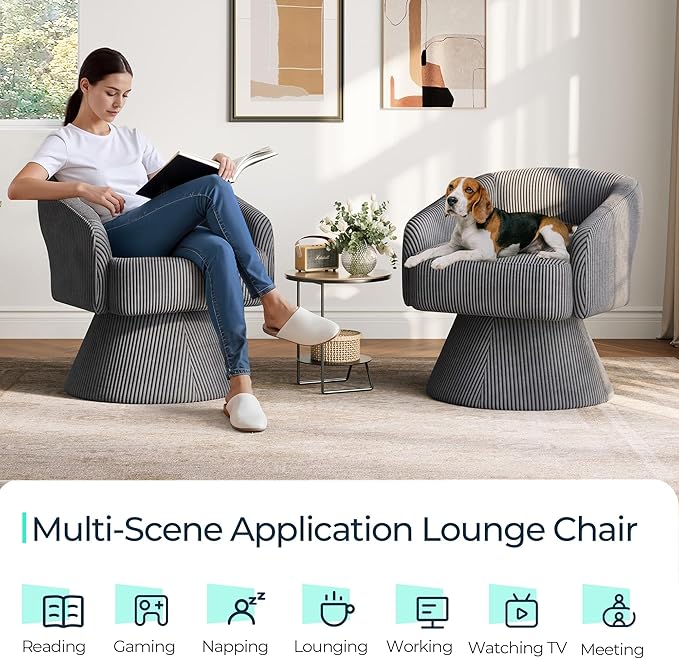 LINSY Swivel Barrel Chair, 360° Modern Swivel Accent Chair with Arms, Boucle Swivel Chair Gray Corduroy Chairs for Bedroom Living Room Small Spaces