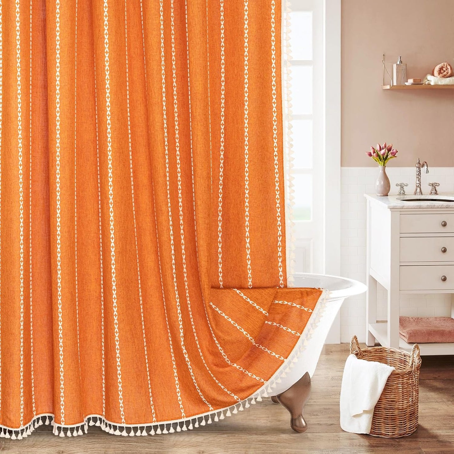 MitoVilla Boho Extra Long Shower Curtain 72 x 84, Orange 84 inch XL Polyester Linen Tassel Fabric Shower Curtain Set with Hooks for Vintage Country Farmhouse Bathroom Decor, Thick & Wrinkle Resistant