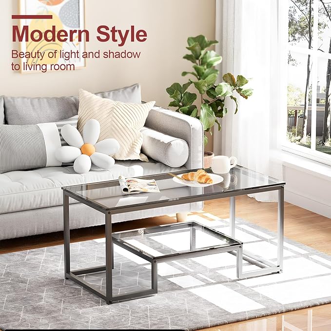 Coffee Table Grey Glass Coffee Table for Living Room,2 Tiers Rectangle Center Table with Sturdy Metal Frame,Modern Tempered Glass Accent Table for Bedroom Home Office