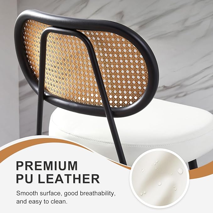 26" Rattan Barstools Set of 2, Counter Height Bar Chair with Black Metal Legs, Modern Armless PU Leather Pub Chair,Adjustable Feetpads Stools for Home Counter,Kitchen Dining Island,Cafe(White)