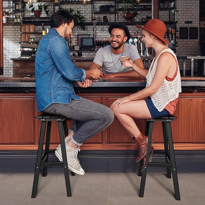 nalone 29 Inch Outdoor Bar Stool, HDPE Bar Chairs with Footrest, Weather Resistant Waterproof Bar Stools Outside Bar Height Stools for Bar, Kitchen Counter, Yard, Balcony(Black, 29'' Barstools)