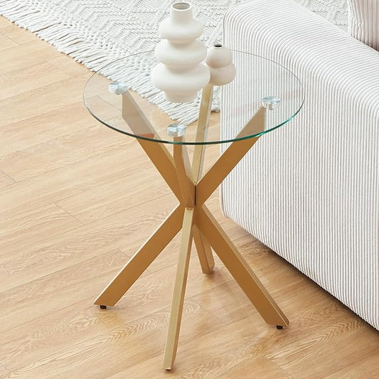Modern Glass End Table, Small Round Side Table for Couch, Sofa Table with Clear Tempered Glass Top for Living Room, Bedroom, Bedside, 19.7" Wx21.7 H Gold
