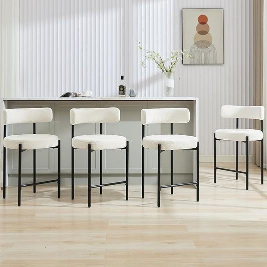 24'' Boucle Bar Stools Set of 4, White Bar Stools with Backs, Counter Height Bar Height Stools for Kitchen Island, Upholstered Bar Chairs