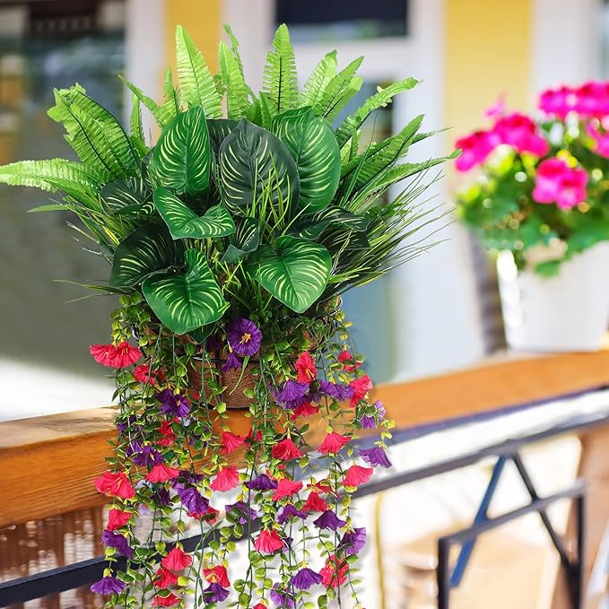 12 Pcs Artificial Greenery for Outdoor UV Resistant Fake Flowers and Greeneries Plastic Hanging Plants for Window Box Spring Summer Garden Patio Porch Yard Decoration(Bright Color)