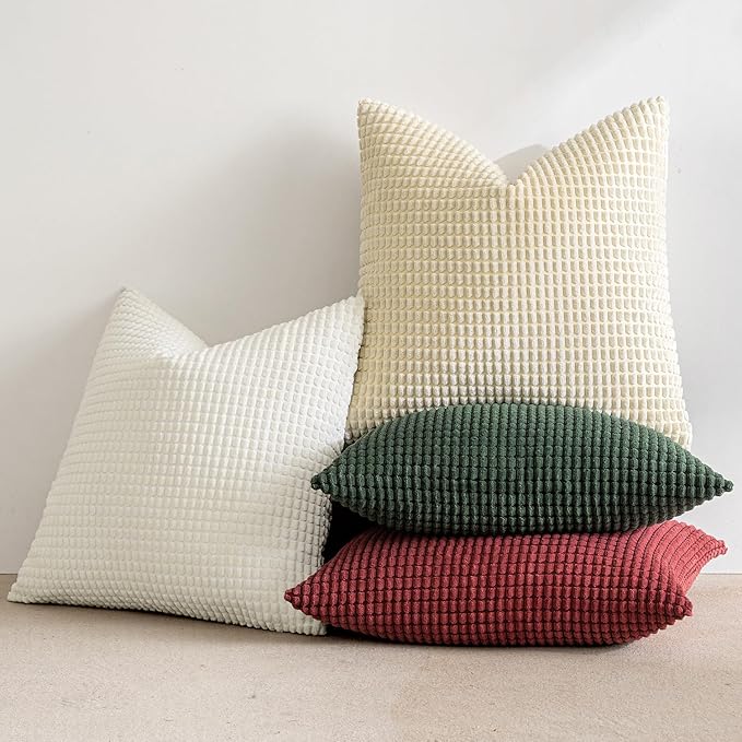 MIULEE Boho Farmhouse Throw Pillow Covers 18x18 Inch Set of 4 Soft Neutral Pillow Covers Christmas Red and Green Corduroy Couch Pillowcases Home Decor for Sofa Living Room Bed