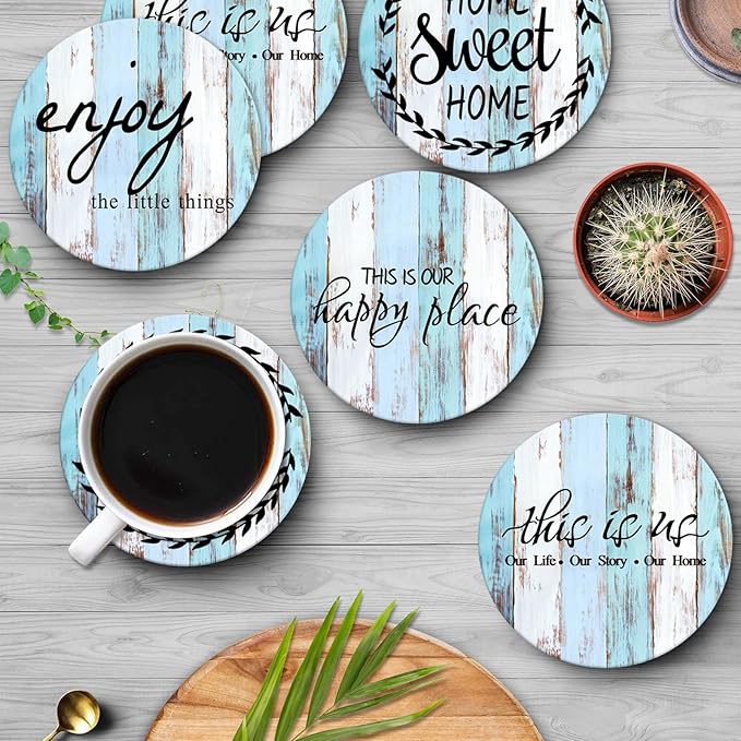 Britimes Coaster for Drinks Set of 6, Old Vintage Blue White Wooden Table Absorbent Round Ceramic Stone Mat, with Cork Base and Metal Holder, Gift for Housewarming Room Bar Decor