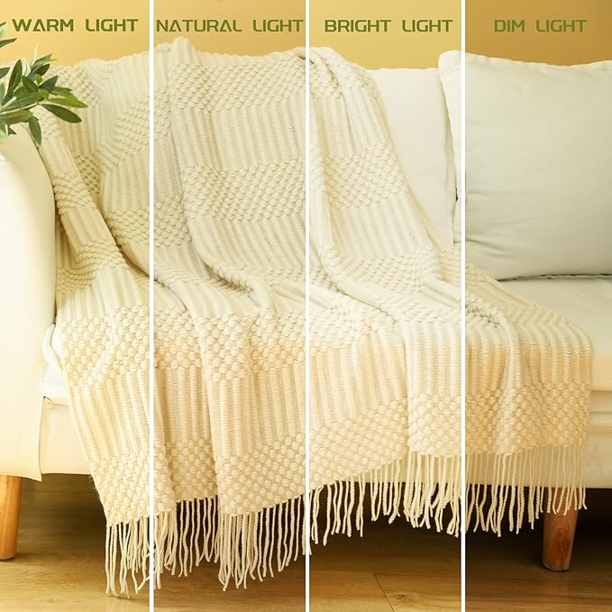 Blagic Knitted Throw Blanket for Couch, Bed and Sofa. Super Soft Blanket with Tassels, Beige/Ivory Throw Blanket, 50 x 60 Inches Lightweight & Cosy Home Decor