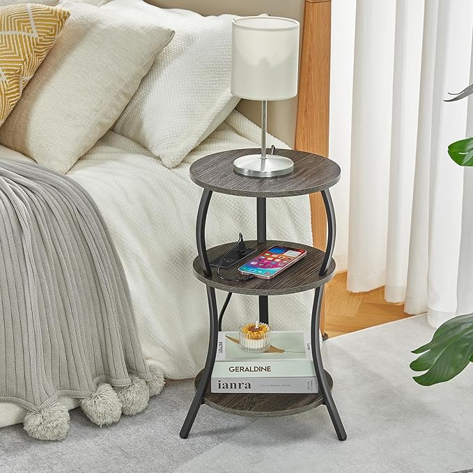 Small Round Side Table with Charging Station, 3-Tier Waist Circular End Table with Storage Shelf, Compact Tea Sofa Side Table Small Spaces, Round Corner Coffee Table for Living Room Bedroon,Grey