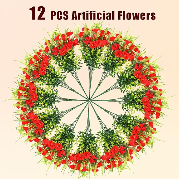 Artificial Flowers Outdoors 12 Bundles Artificial Petunias Fake Flowers UV Resistant Shrubs Plants with Fern for Indoor Outside Hanging Planters Home Garden Summer Decorations (Red)