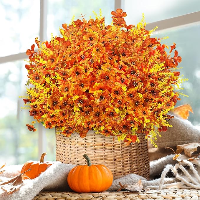 Artificial Faux Fall Mums Flowers Outdoor Decoration,16 Bundles Fake Silk Colorful Daisy Eucalyptus Realistic UV Resistant Plants for Outside Home Planter Porch Patio Yard Decor