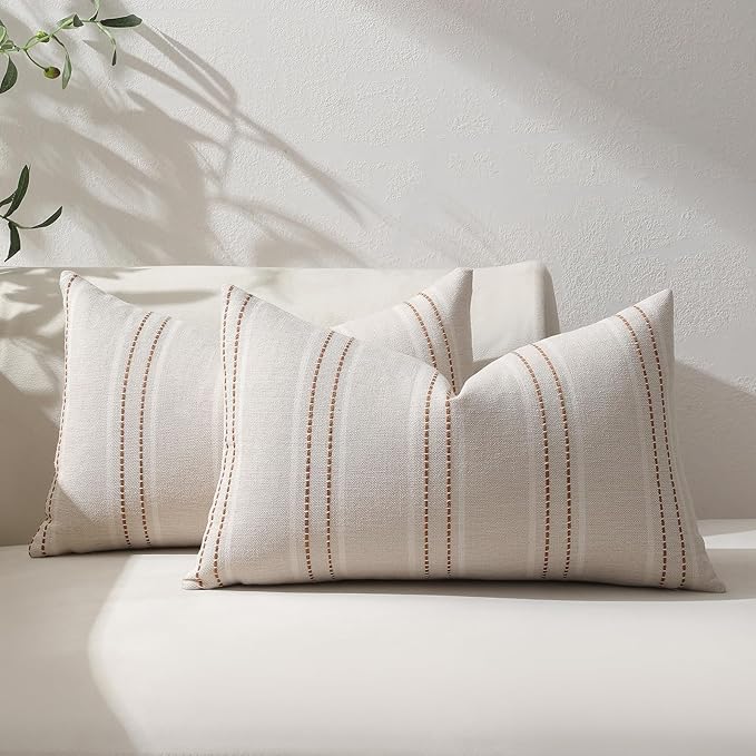 Hckot Fall Throw Pillow Covers 12x20 Set of 2 Striped Pillow Covers Textured Linen Decorative Pillows Square Cushion Covers for Sofa Couch Bed Living Room Farmhouse Decor(Rust)