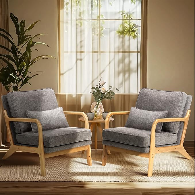 COLAMY Mid Century Modern Accent Chair Set of 2 with Lumbar Pillow, Relaxing Armchair with Solid Wood Frame & Soft Cushion, Reading Leisure Chair for Living Room,（Grey）