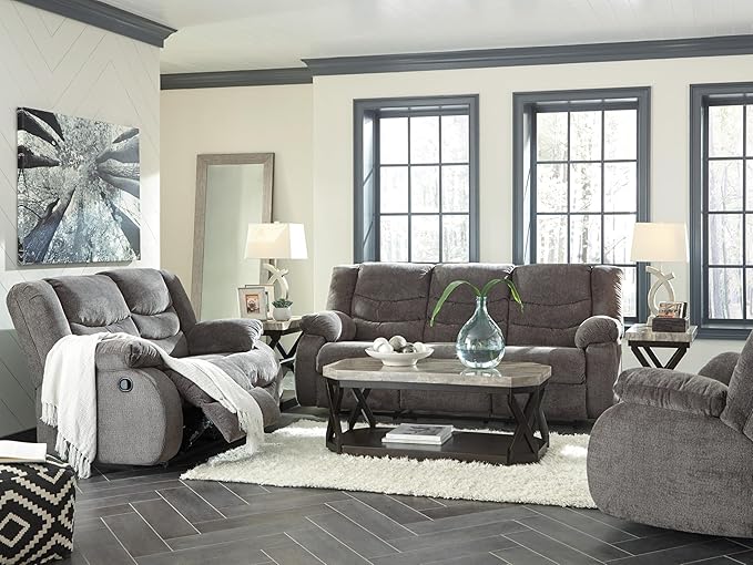 Signature Design by Ashley Tulen Modern Manual Pull Tab Reclining Loveseat, Dark Gray