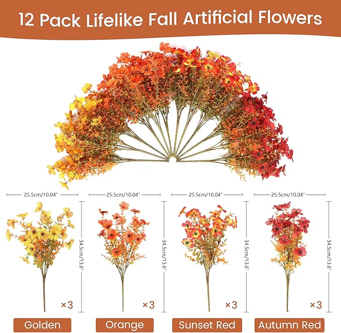 Artificial Fall Flowers for Decoration Fake Flowers Outdoor Artificial Plants, 12 Bundles Faux Mums Autumn Plastic Flower UV Resistant for Porch Patio Home Yard Garden Window Box Pot Planters