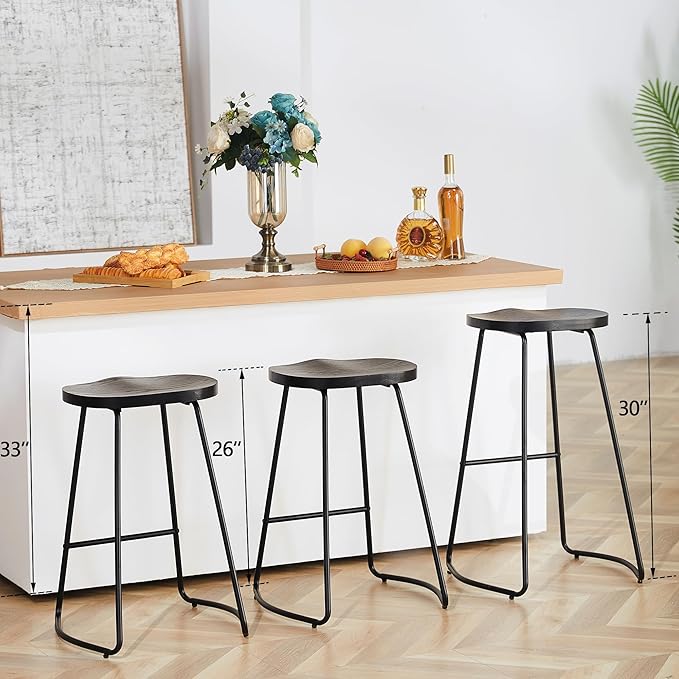 HeuGah Bar Stools Set of 4, Saddle Seat Bar Stools with Metal Legs, Rustic Backless Counter Height Stools (Black, 4 PCS 26Inch Counter Chair)
