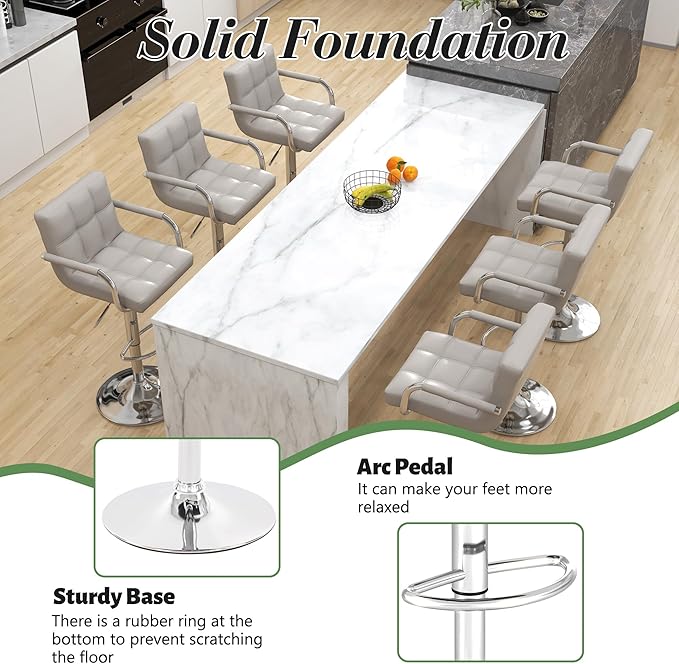 Modern PU Leather Bar Stools Set of 4, Adjustable Swivel Square Bar Chairs, Counter Height Barstools with Arms and Large Base for Island/Kitchen(Gray)