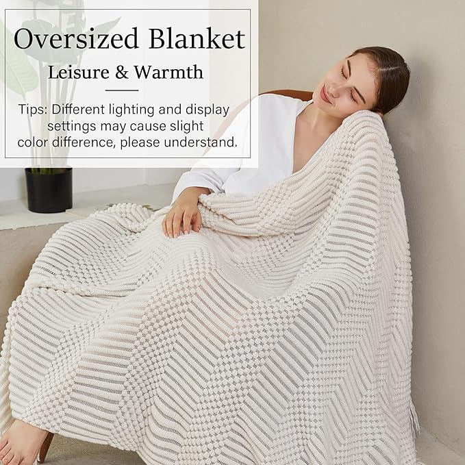 Blagic Knitted Throw Blanket for Couch Soft Farmhouse Boho Throw Blanket with Tassels Home Decorative Lightweight Throw Blankets,White Throws for Bed/Chair/Sofa, Pineapple Textured,60" W x 80" L