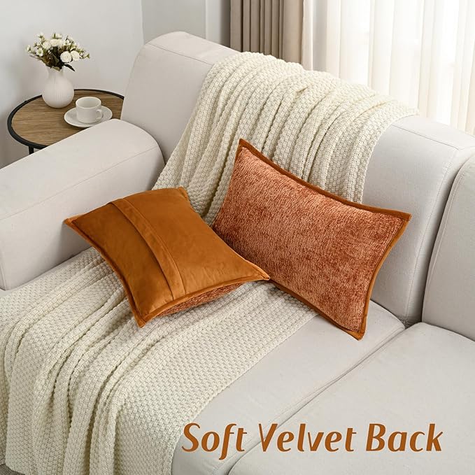 FUTEI Rust Chenille Throw Pillow Covers 12x20 Inch Set of 2,Soft Cozy Bound Edge Design Lumbar Pillow Cases,Home Decor for Couch Bed Living Room