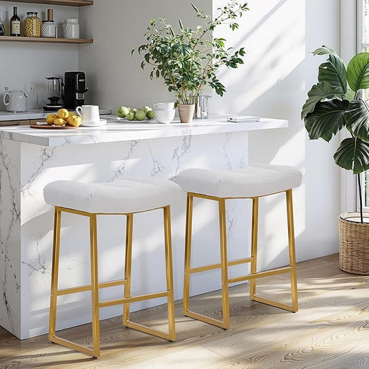White & Gold Counter Height Bar Stools Set of 2 for Kitchen Counter Modern Backless Barstools with Upholstered Faux Leather Seat and Metal Frame Industrial 24 inch Bar Chairs