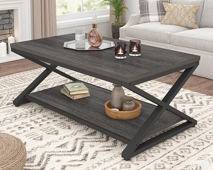HSH Gray Storage Coffee Table, Modern Center Table for Living Room with Display Shelf, Simple Metal Wooden Rectangle Cocktail Tea Table, Minimalist Home Office Bedroom 2 Tier Coffee Table, 39 Inch