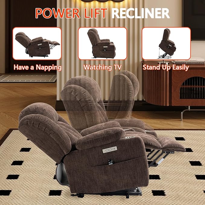 Power Lift Recliner Chair, 350lb Capacity with 8-Point Massage & Heating, USB/Type-C Ports & Cup Holders, Heavy Duty Chenille Recliner for Elderly, Brown